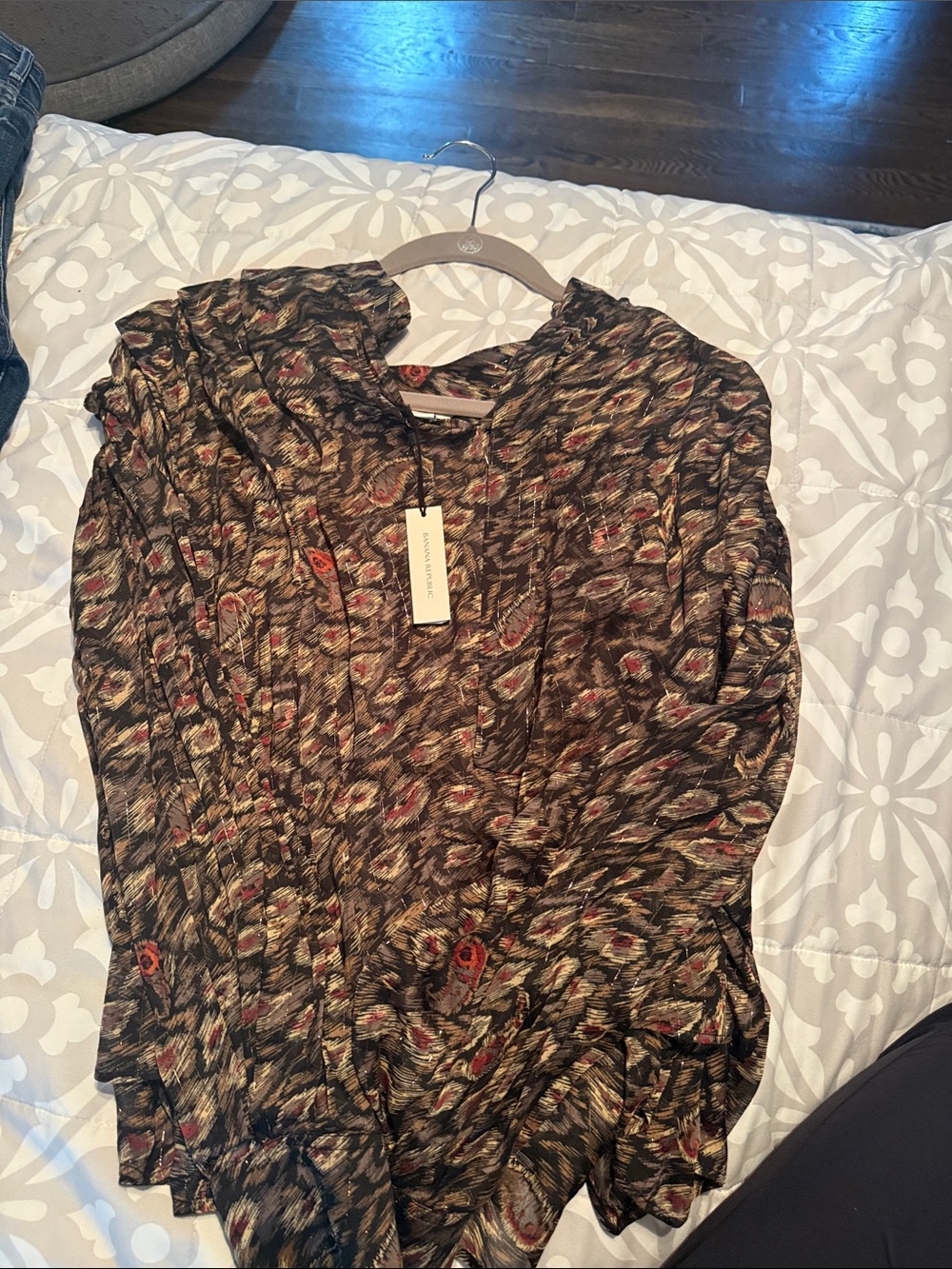 Banana Republic Black Patterned Long-Sleeve Blouse with Red and Tan Accents